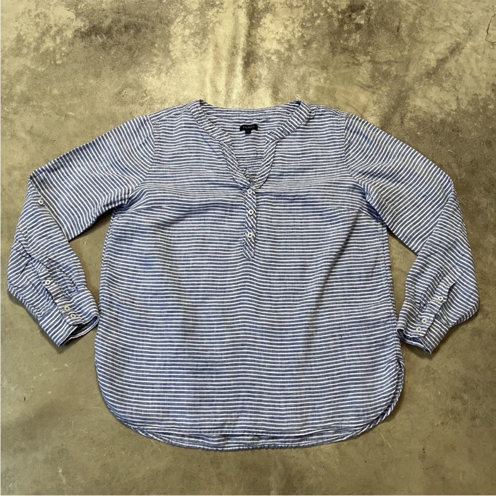 Talbots Shirt Womens Size Large Blue Striped Roll Tab Sleeve Linen Coastal Beach